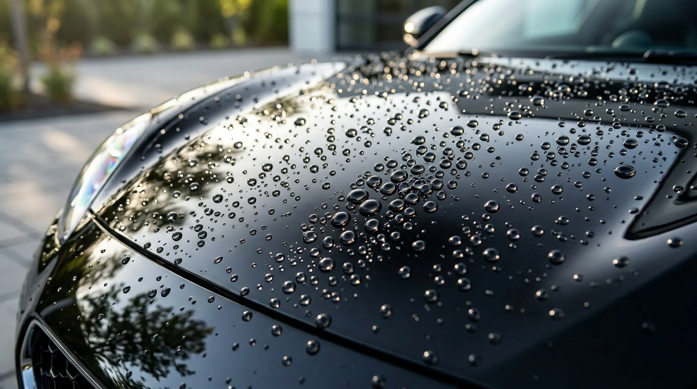 Black luxury car with mirror-finish ceramic coating and water beading
