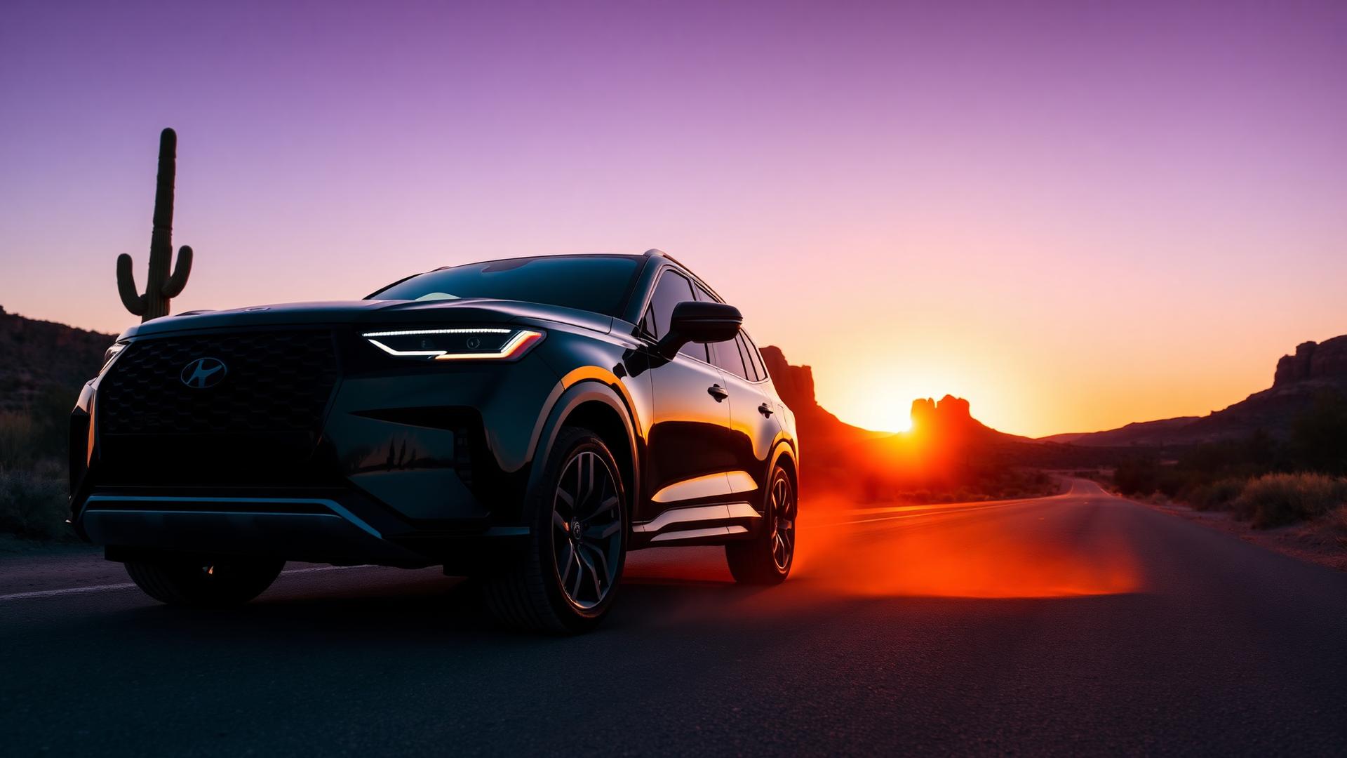 Luxury SUV at Arizona sunset with saguaro cactus, Revival Detailing Phoenix mobile auto detailing